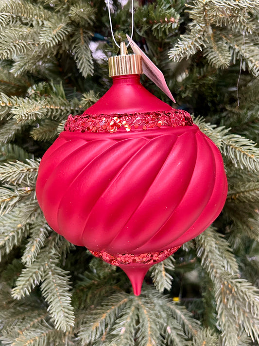 6 Inch Red Shatterproof Swirled Onion Finial With Red Glitz Top And Bottom Ornament