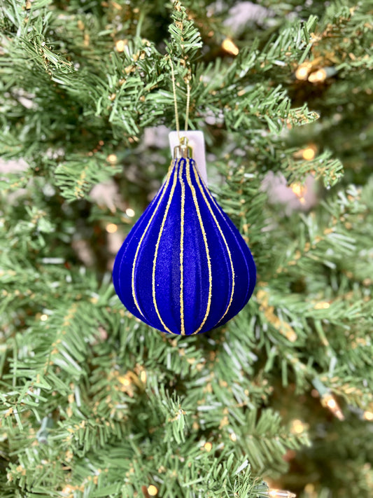 5 Inch Navy And Gold Flocked Glitter Teardrop Ornament