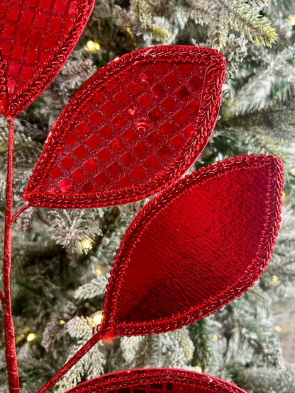 28 Inch Red Square Sequin Glitter Leaf Spray