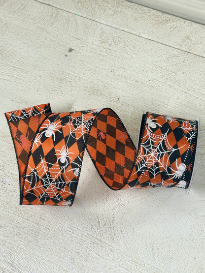 2.5 Inch By 10 Yard Black And Orange Harlequin With Spider Web Ribbon