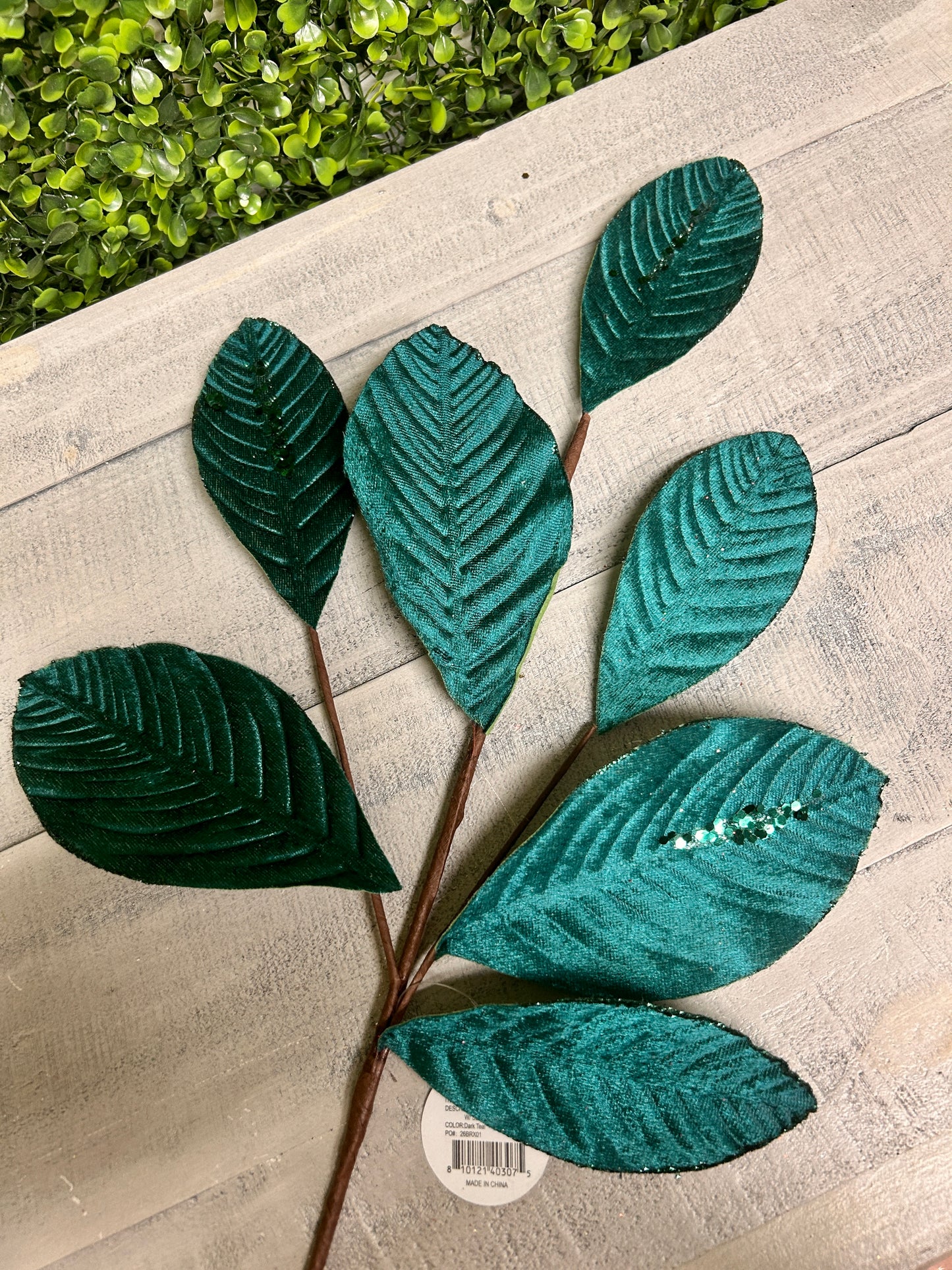 26 Inch Dark Teal Velvet Sequin Magnolia Leaf Spray
