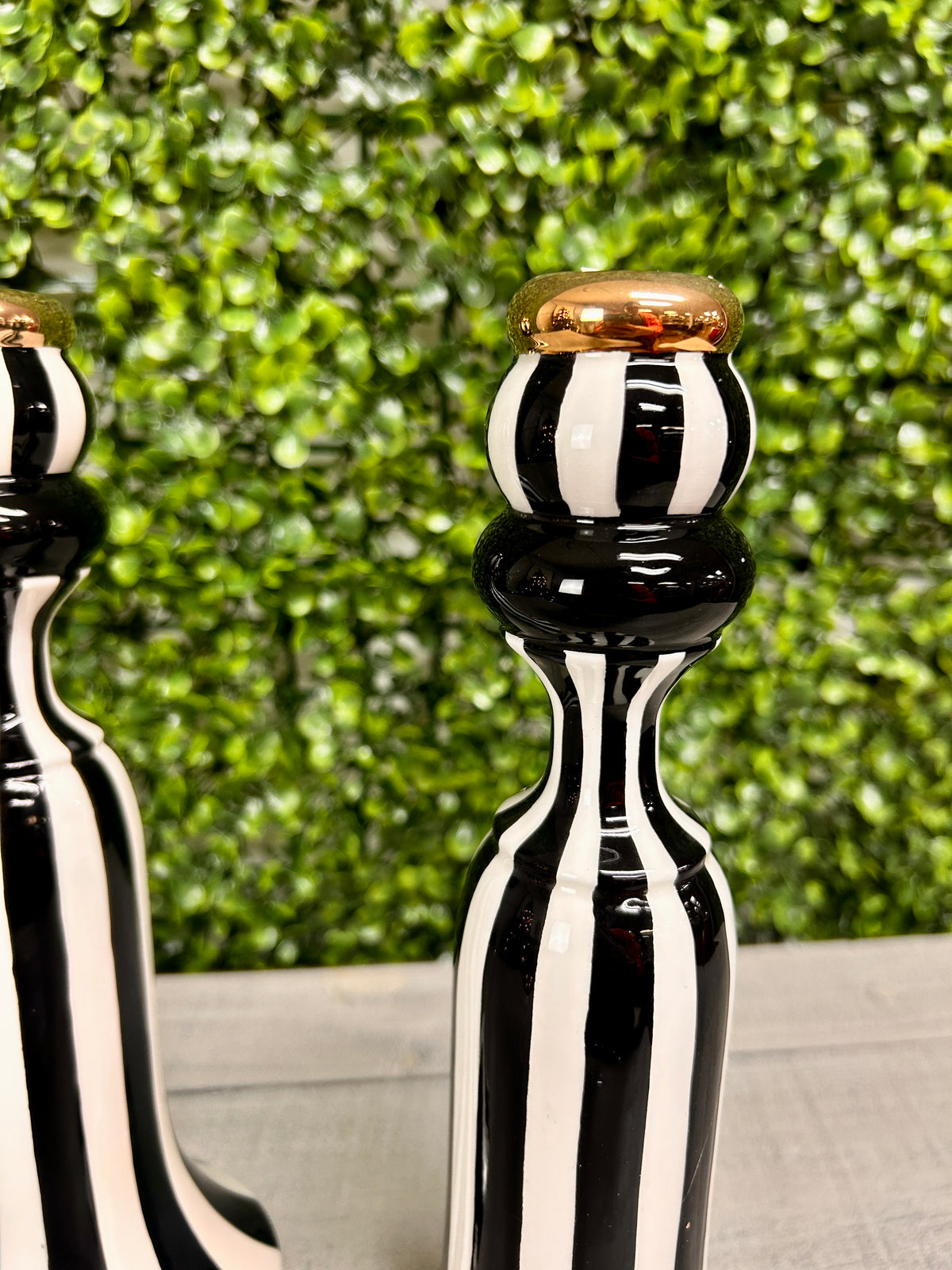 Set Of Two 10 Inch Black & White Striped Ceramic Taper Candle Holder