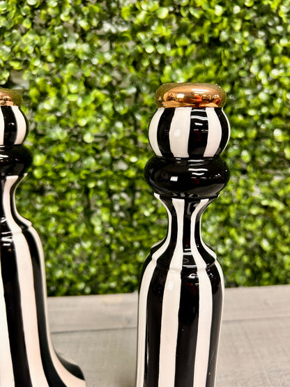 Set Of Two 10 Inch Black & White Striped Ceramic Taper Candle Holder