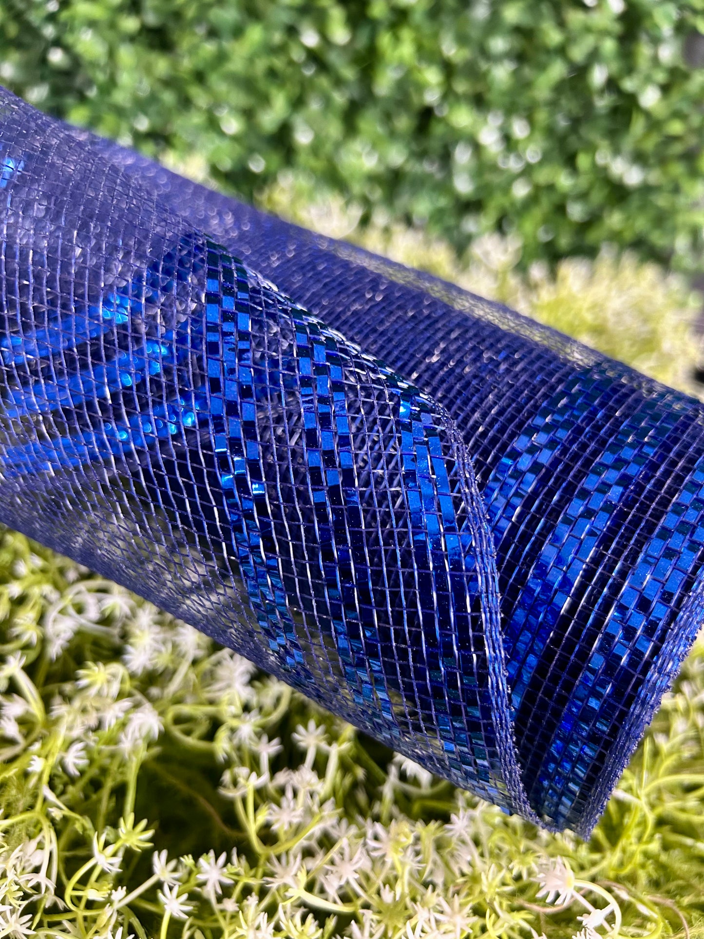 10 Inch By 10 Yard Navy With Royal Blue Border Stripe Metallic Mesh