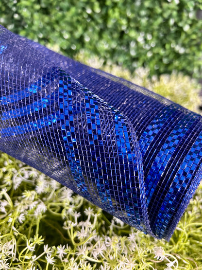 10 Inch By 10 Yard Navy With Royal Blue Border Stripe Metallic Mesh