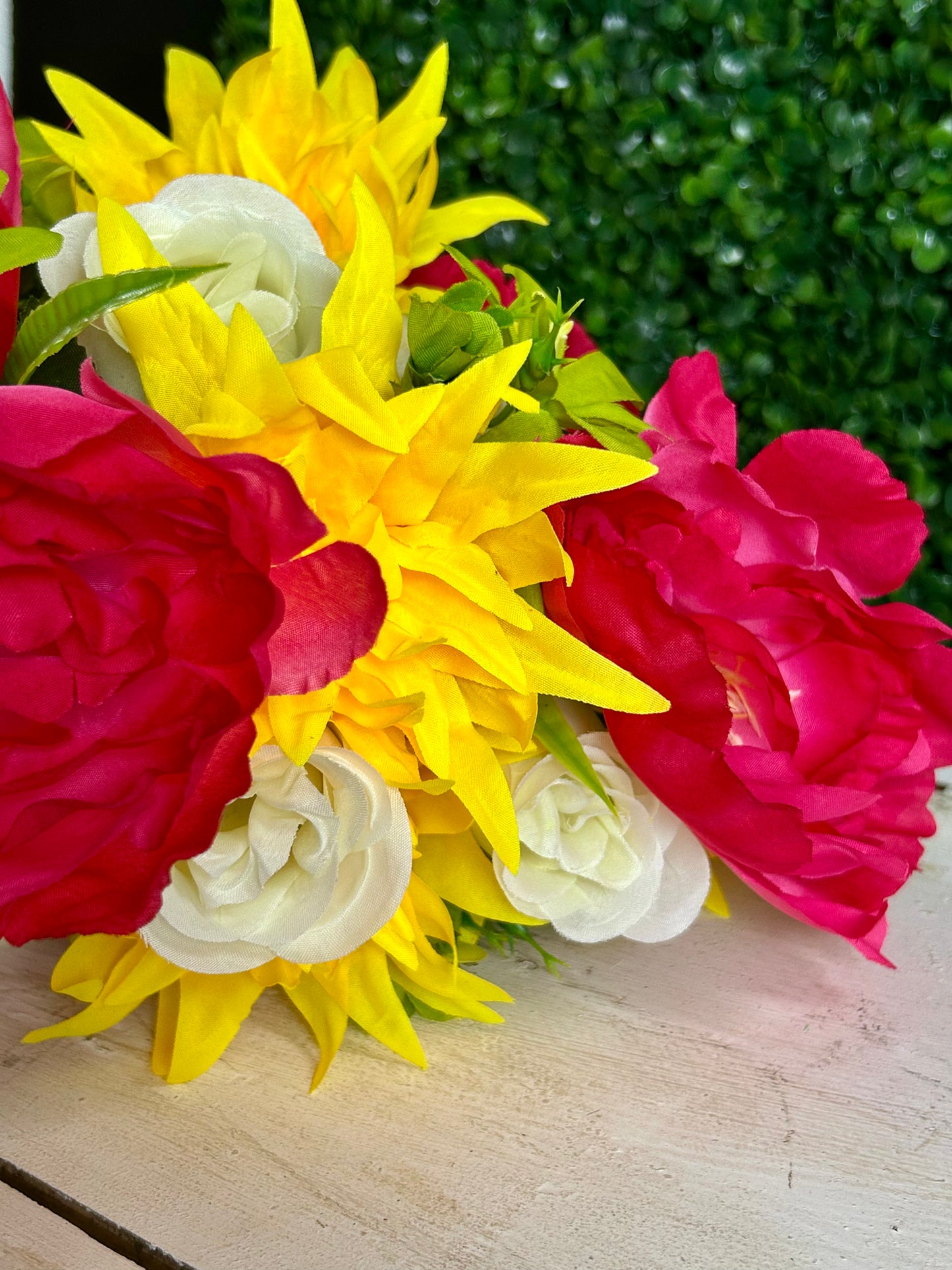 24 Inch Fushia And Yellow Peony Rose And Mum Bush