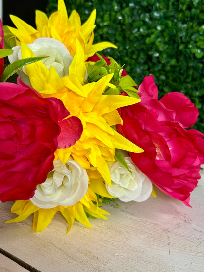 24 Inch Fushia And Yellow Peony Rose And Mum Bush