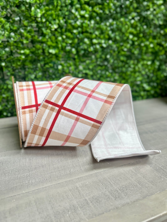 4 Inch By 10 Yard Gingerbread Plaid With White Backing Ribbon