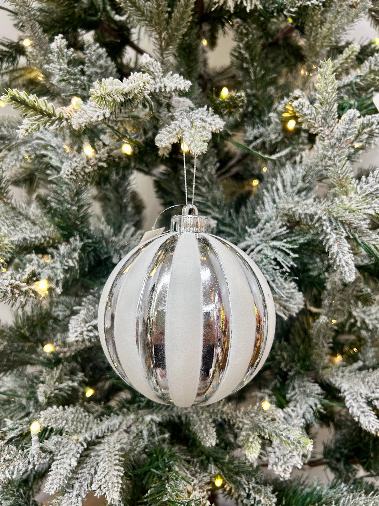 5 Inch White And Silver Stripe Ball Ornament