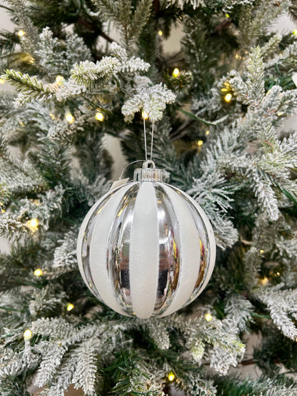 5 Inch White And Silver Stripe Ball Ornament