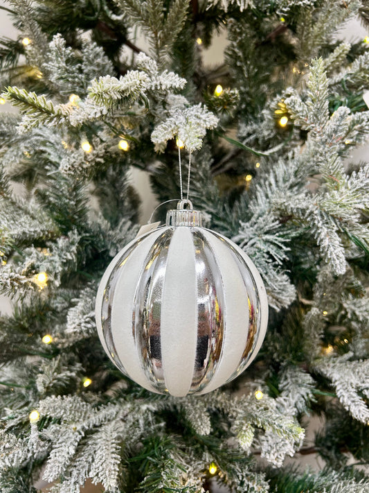 5 Inch White And Silver Stripe Ball Ornament