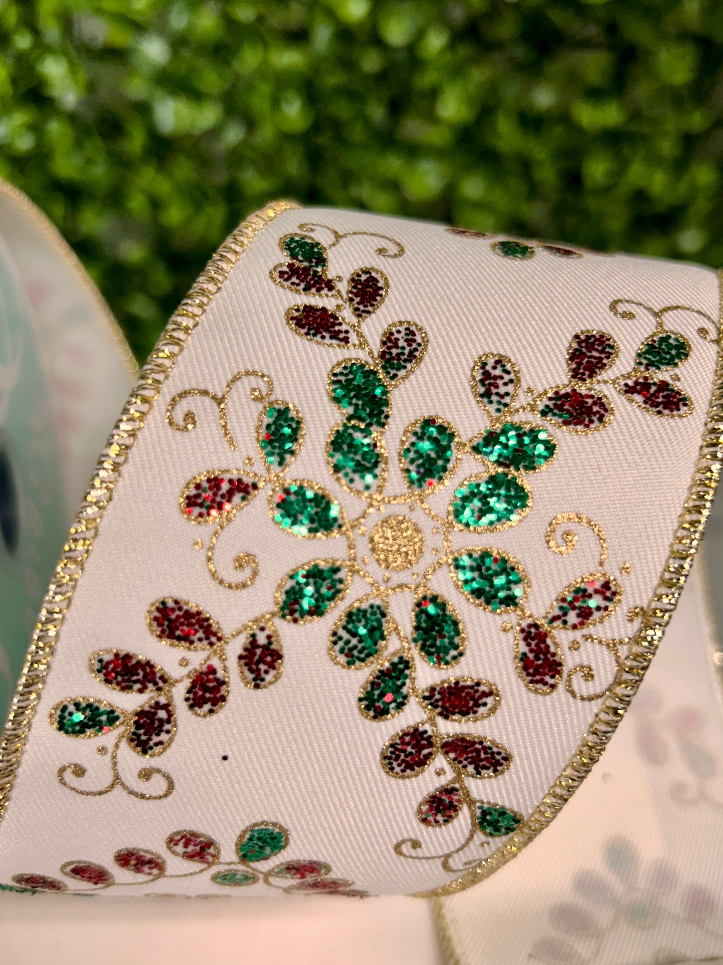 2.5 Inch By 10 Yard Ivory Red Emerald And Gold Ornate Loop Diamond Ribbon
