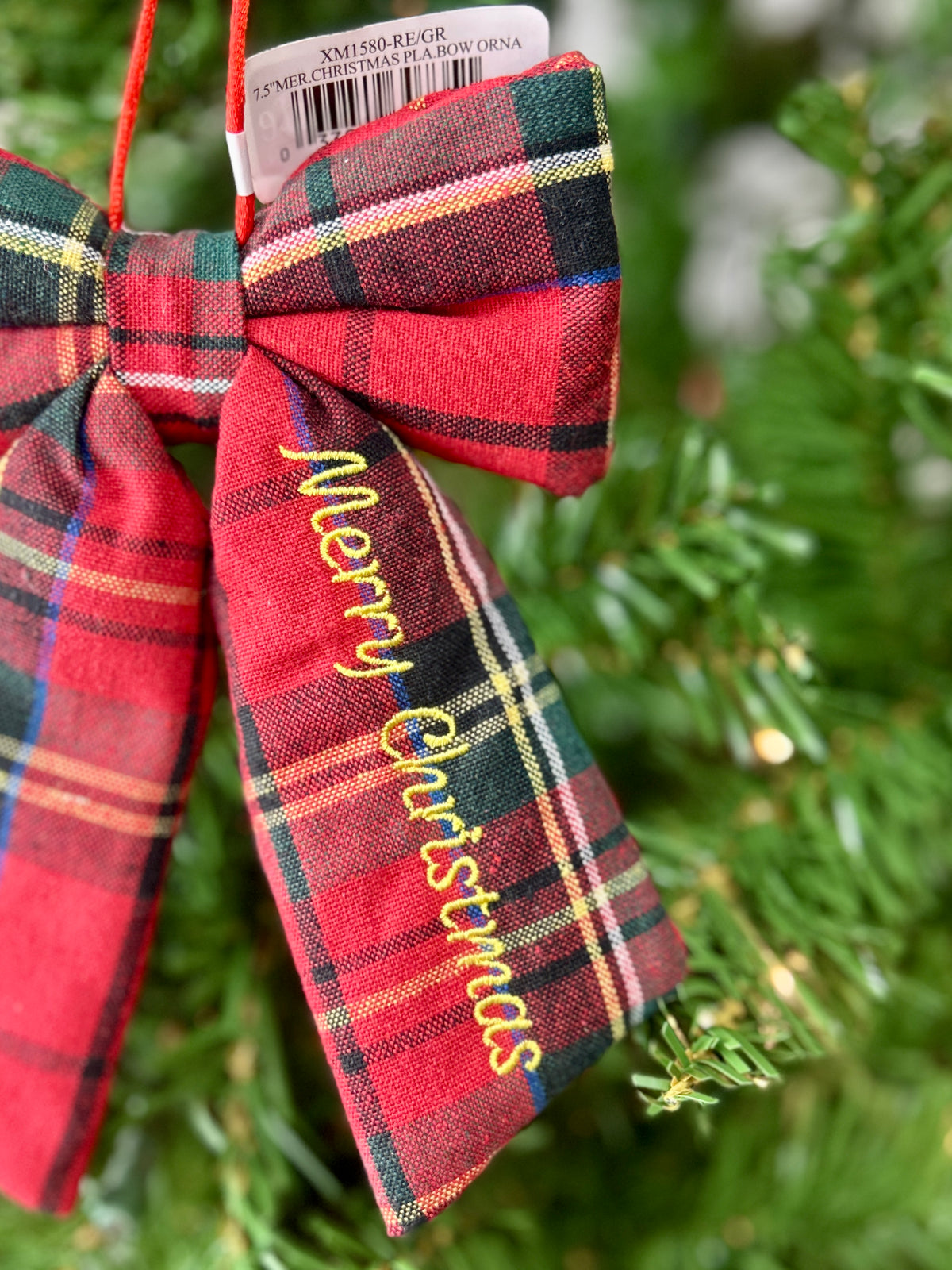 7.5 Inch Red Green Plaid Merry Christmas Bow Ornament