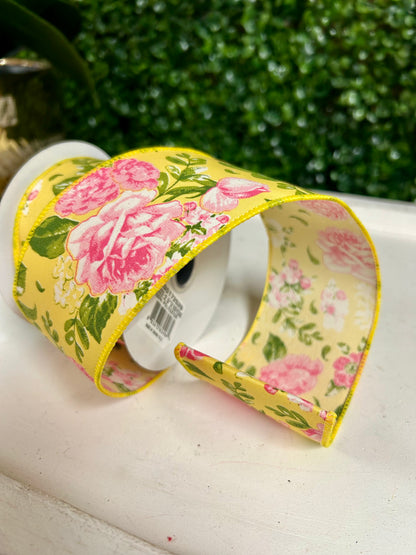 2.5 Inch By 10 Yard Pink Green And Yellow Floral Ribbon