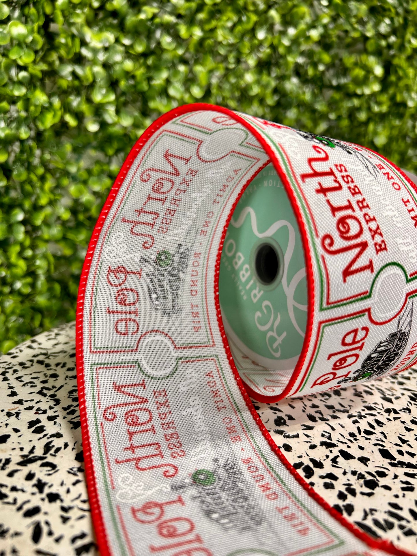 2.5 Inch By 10 Yard North Pole Train Ticket Ribbon