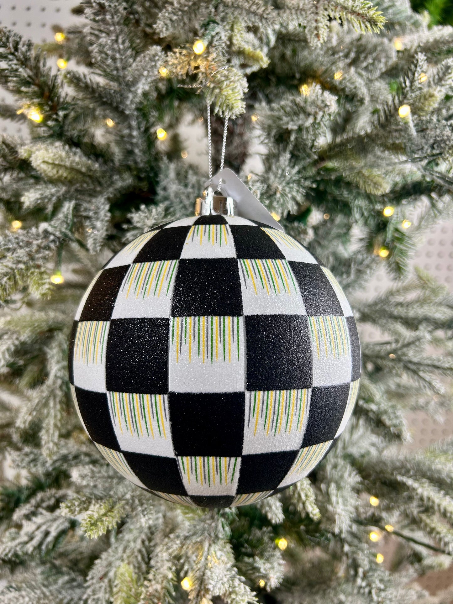 6 Inch Black And White Glitter Check Ornament