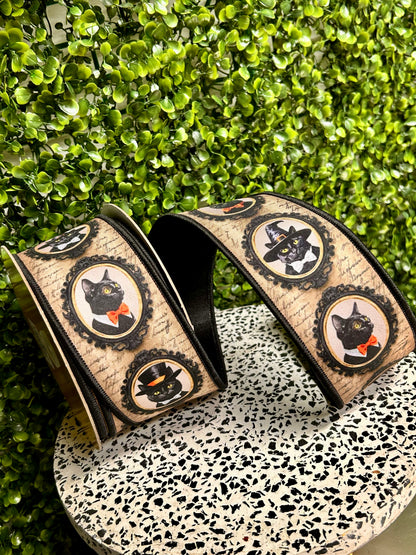 2.5 Inch By 10 Yard Black And Grey Vintage Black Cat Fused Ribbon
