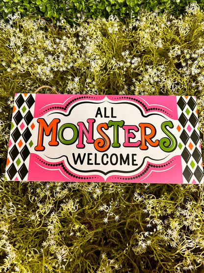 12.5 Inch Pink And Green All Monsters Welcome Wood Sign