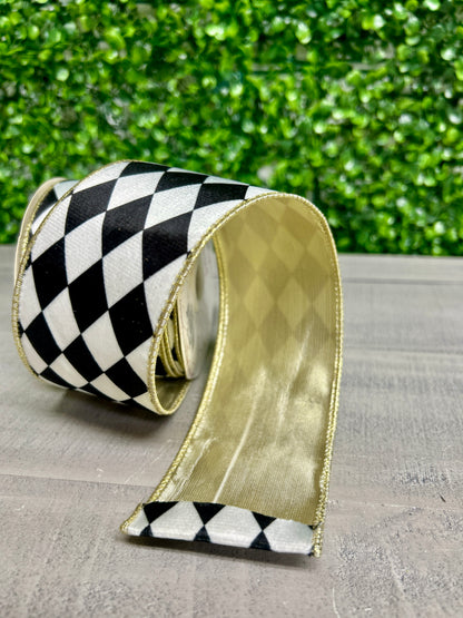 David Christopher's 2.5 Inch By 10 Yard Harlequin Print With Gold Edge Ribbon