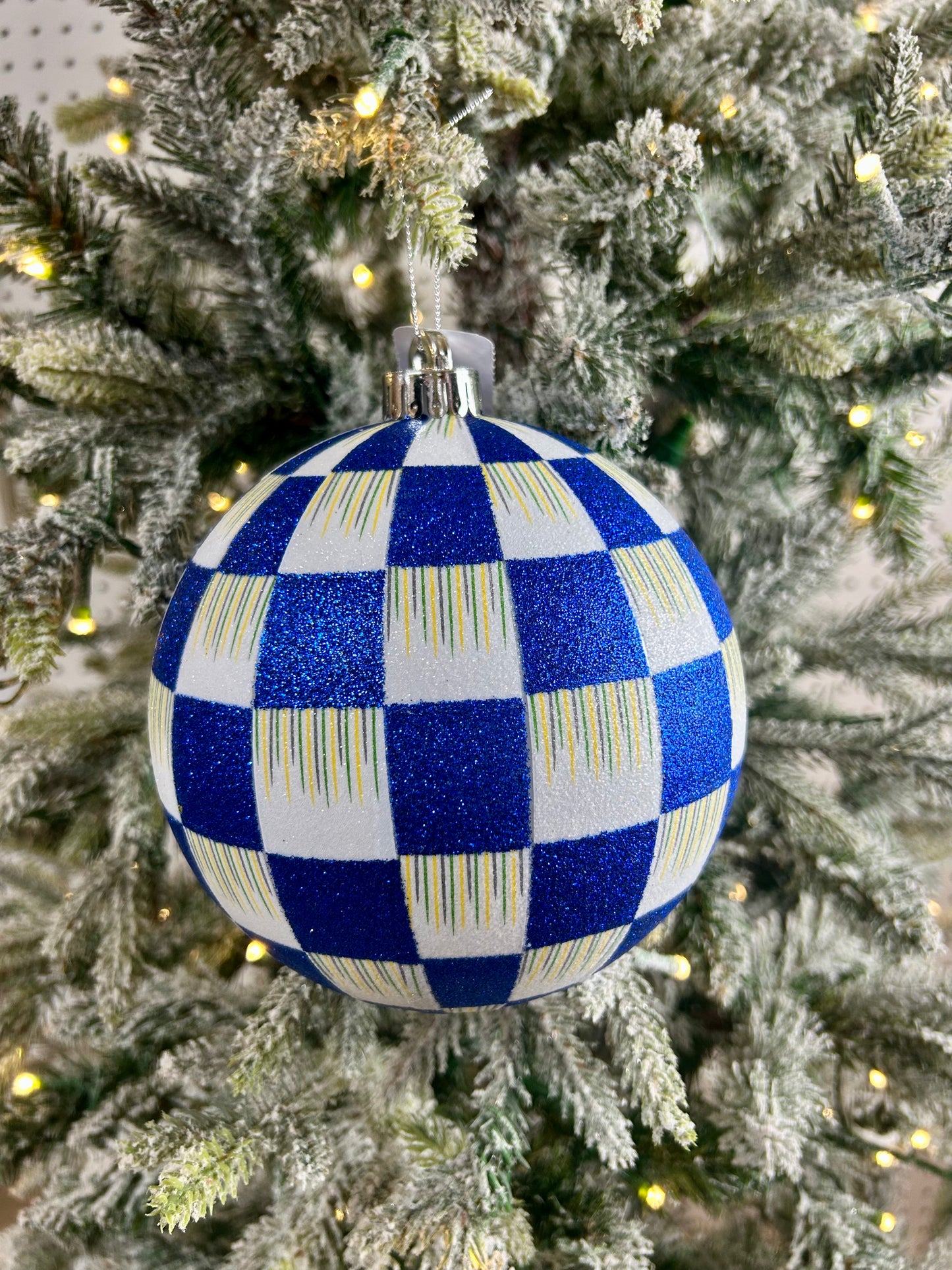 6 Inch Royal Blue And White Glitter Check Ornament