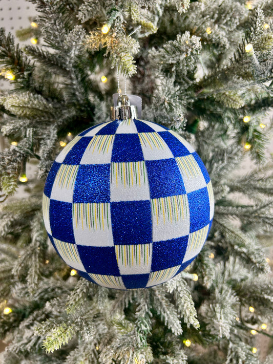 6 Inch Royal Blue And White Glitter Check Ornament