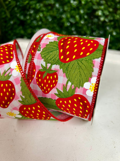 2.5 Inch By 10 Yard Red Pink And White Strawberries One Woven Check Ribbon