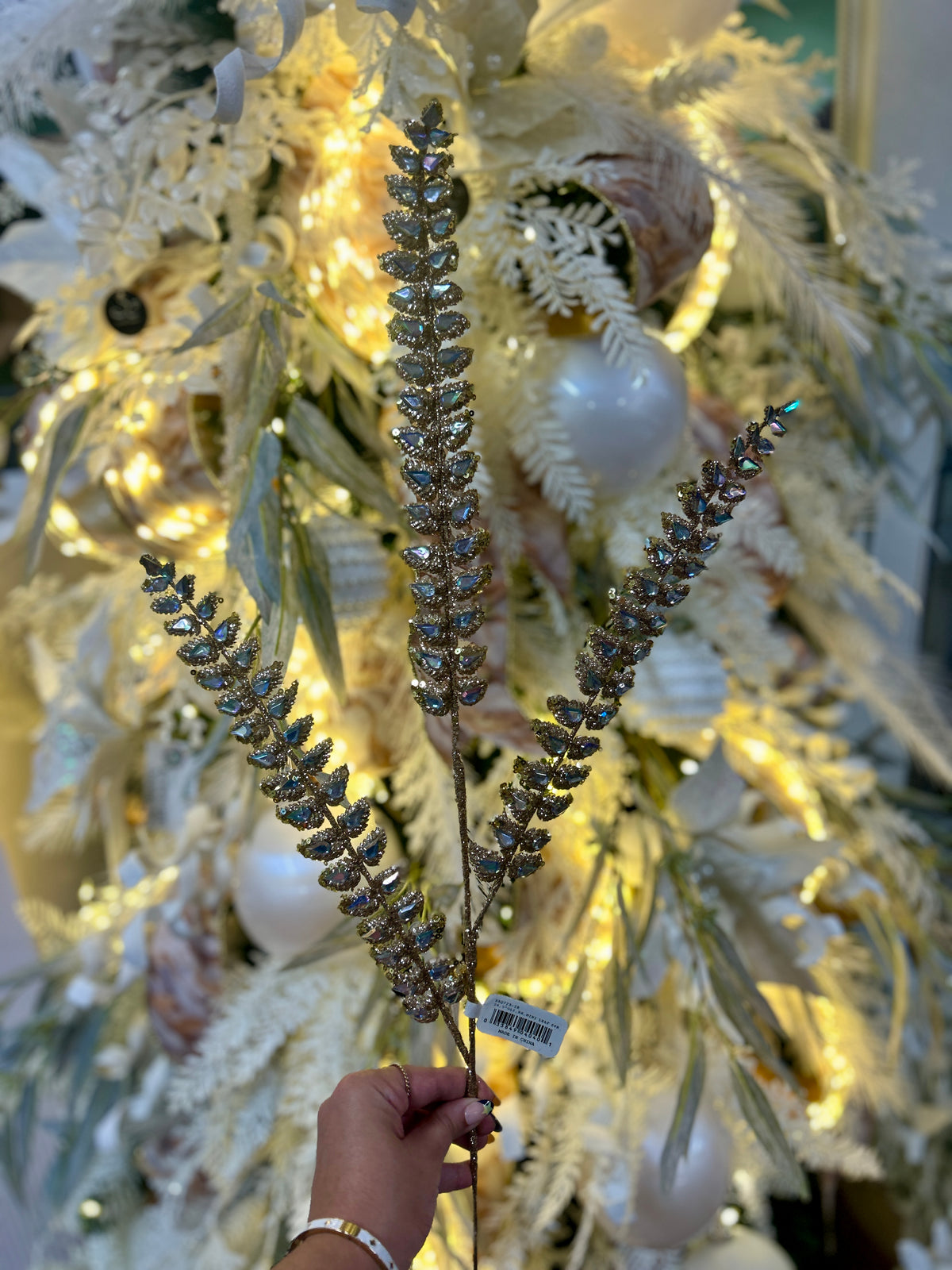 34.5 Inch Iridescent Glitter Rhinestone Mini Leaf Spray