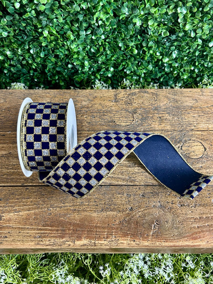 2.5 Inch By 10 Yard Navy And Silver Velvet Glitter Check Ribbon
