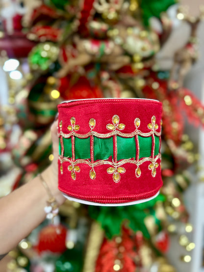 David Christopher 4 Inch By 5 Yard Regal Uniform Jeweled Trim on Red Velvet With Green Back Ribbon