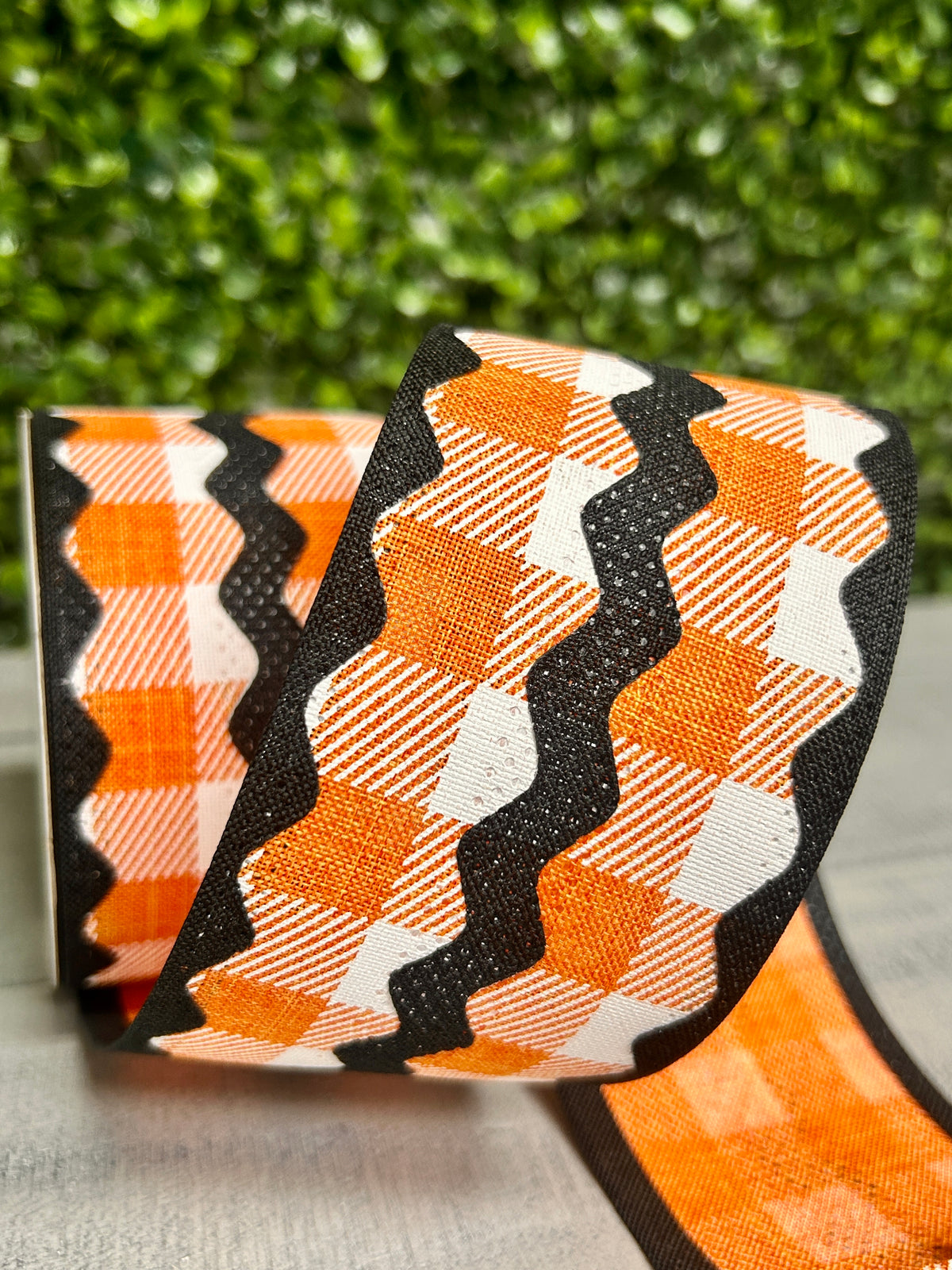 2.5 Inch By 10 Yard Orange Black And White Royal Burlap Ric Rac On Plaid Ribbon