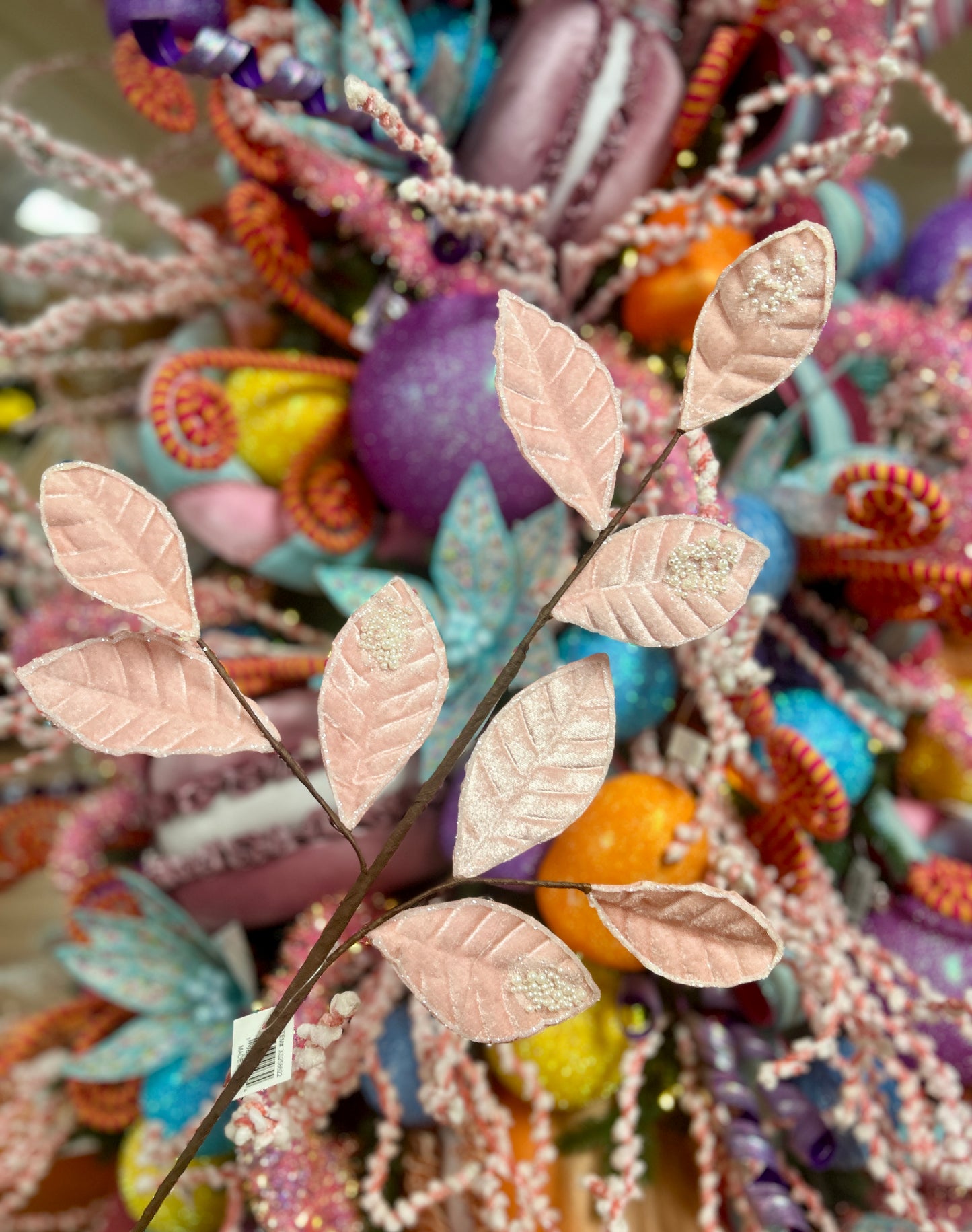 27 Inch Pink Pearl Velvet And Glitter Magnolia Leaf Spray
