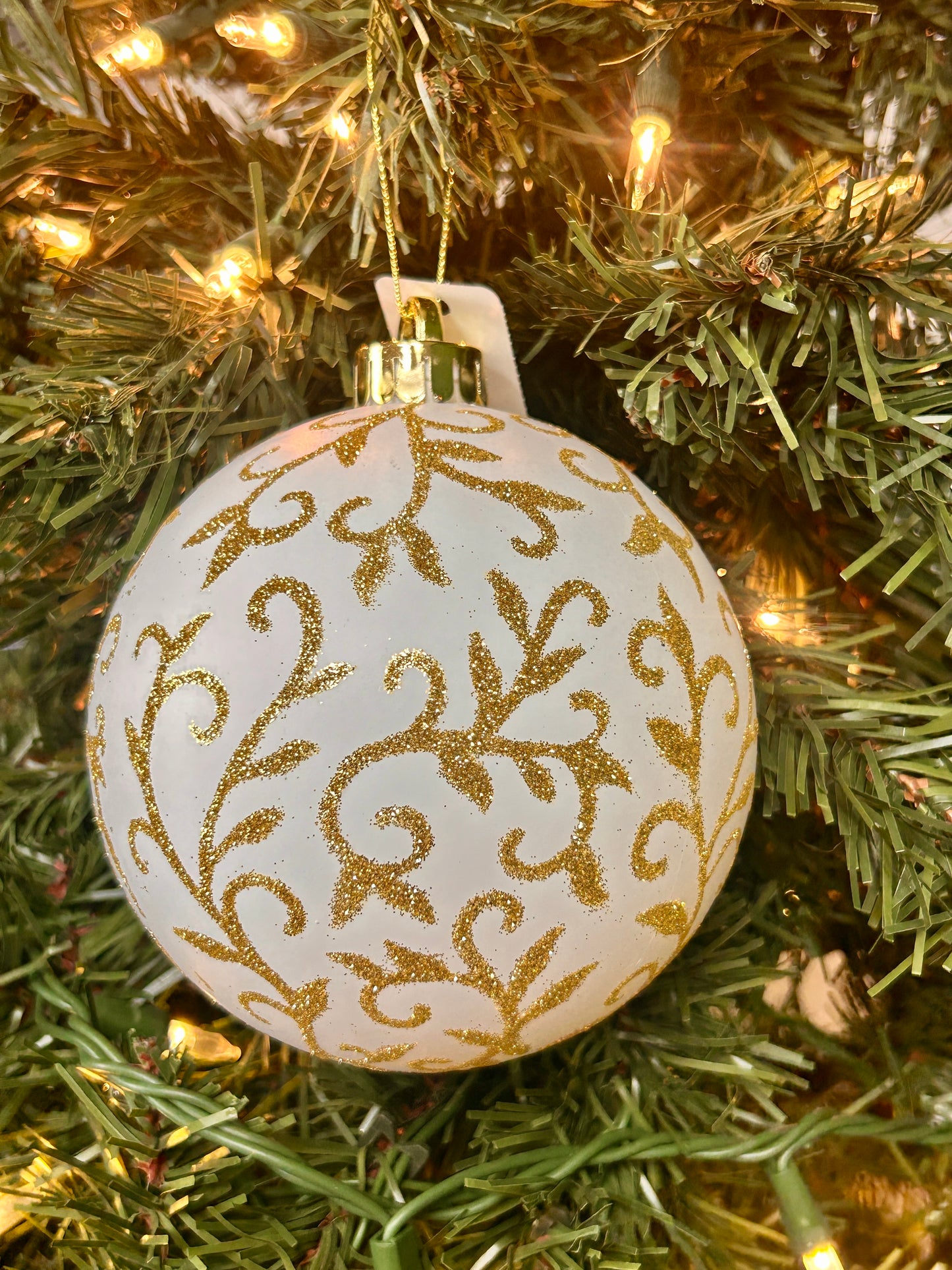 5 Inch White And Gold Glitter Swirl Matte Ball Ornament