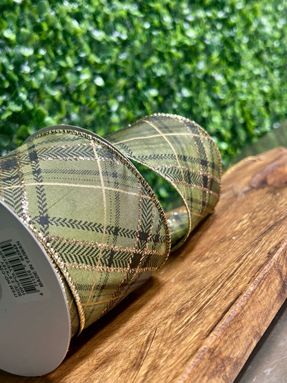 2.5 Inch By 10 Yard Green And Gold Christmas Plaid Ribbon