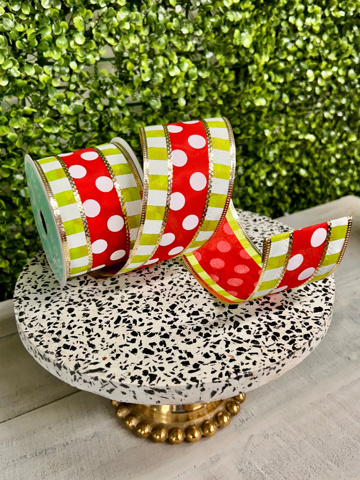 2.5 Inch By 10 Yard Red And White Polka Dots With Lime Stripes Ribbon