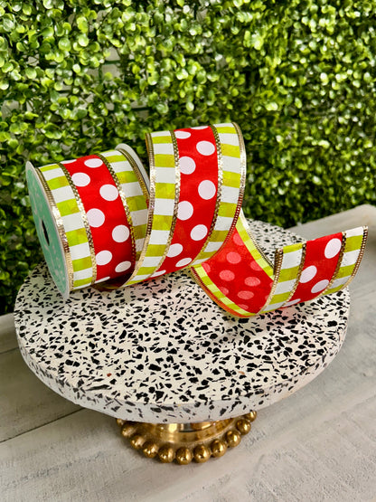 2.5 Inch By 10 Yard Red And White Polka Dots With Lime Stripes Ribbon