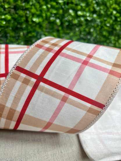 4 Inch By 10 Yard Gingerbread Plaid With White Backing Ribbon