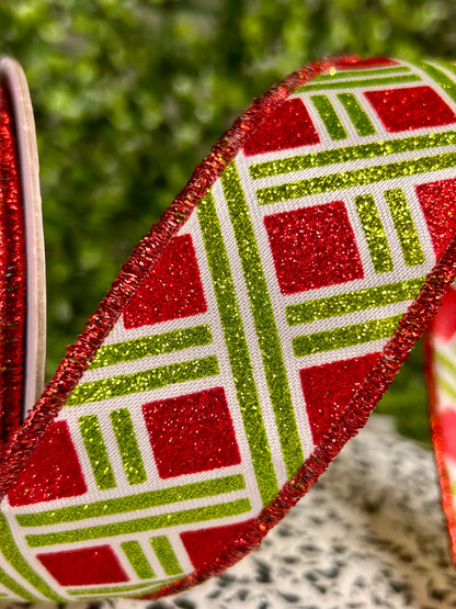 1.5 Inch By 10 Yard Lime And Red Woven Stripes Ribbon