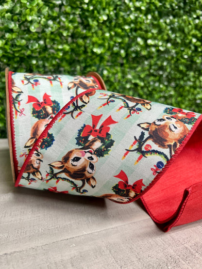 4 Inch By 10 Yard Retro Deer With Wreath With Red Backing Ribbon