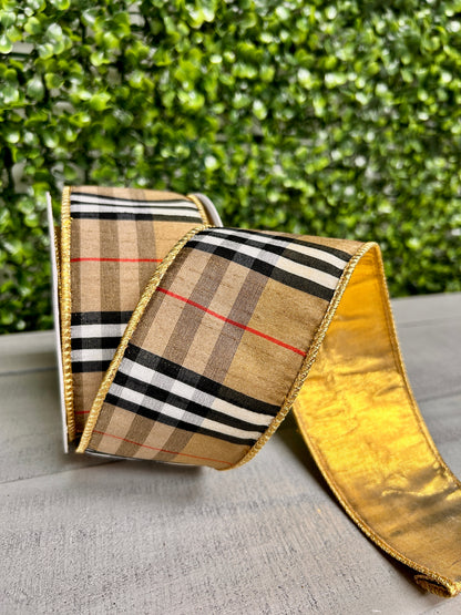 2.5 Inch By 10 Yard Black And Tan Plaid With Gold Back Ribbon