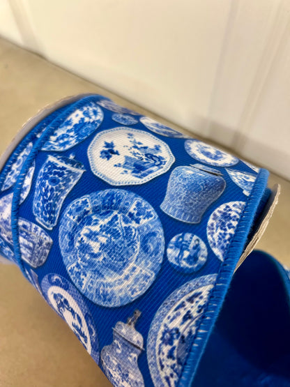 4 Inch By 10 Yard Chinoiserie Print Canvas And Dupioni Ribbon