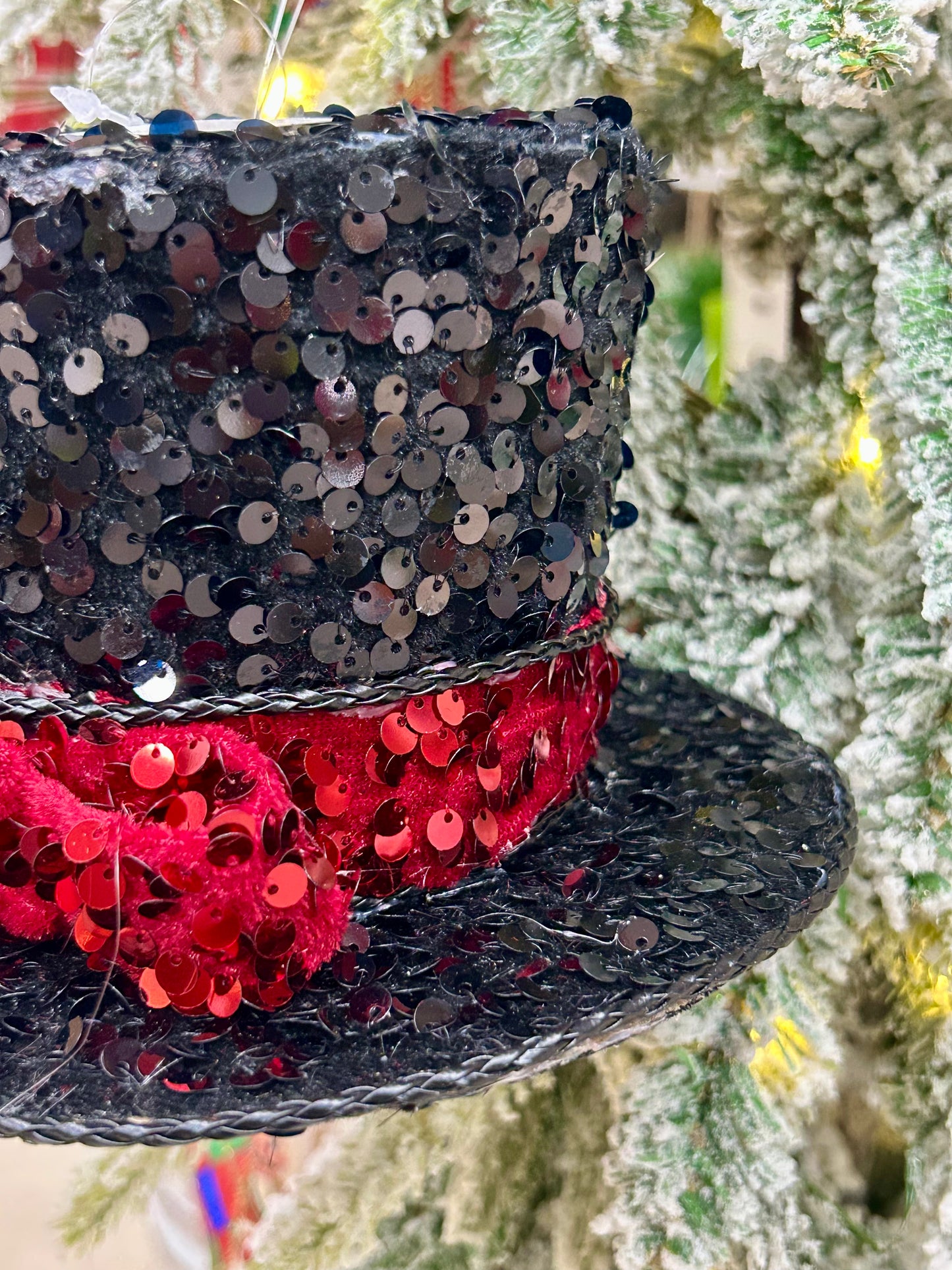 6.75 Inch Black And Red Sequin Velvet Top Hat Ornament