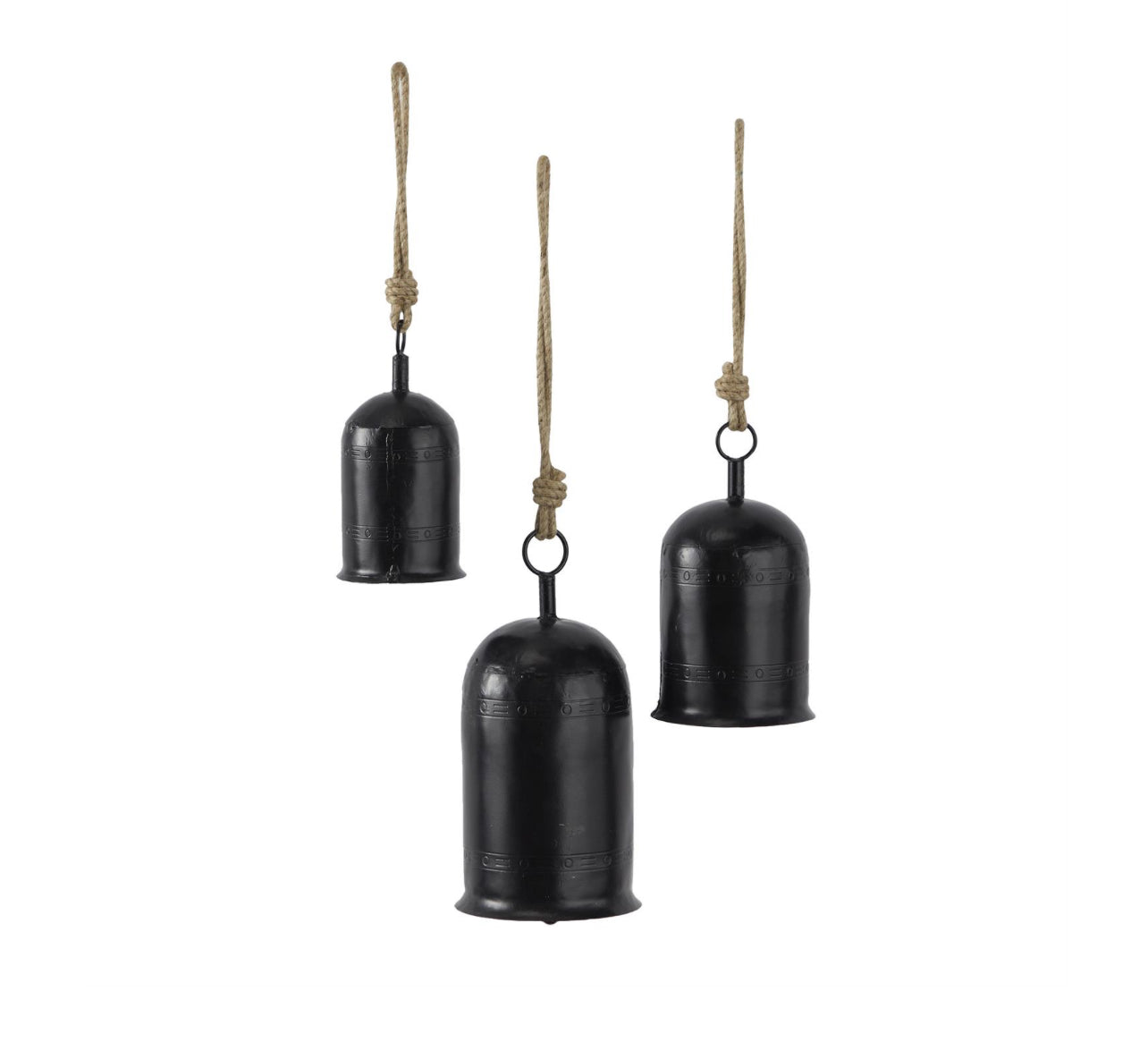 Black Metal Tibetan Inspired Indoor Outdoor Decorative Cow Bells With Jute Hanging Rope Set Of Three