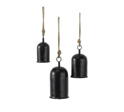 Black Metal Tibetan Inspired Indoor Outdoor Decorative Cow Bells With Jute Hanging Rope Set Of Three