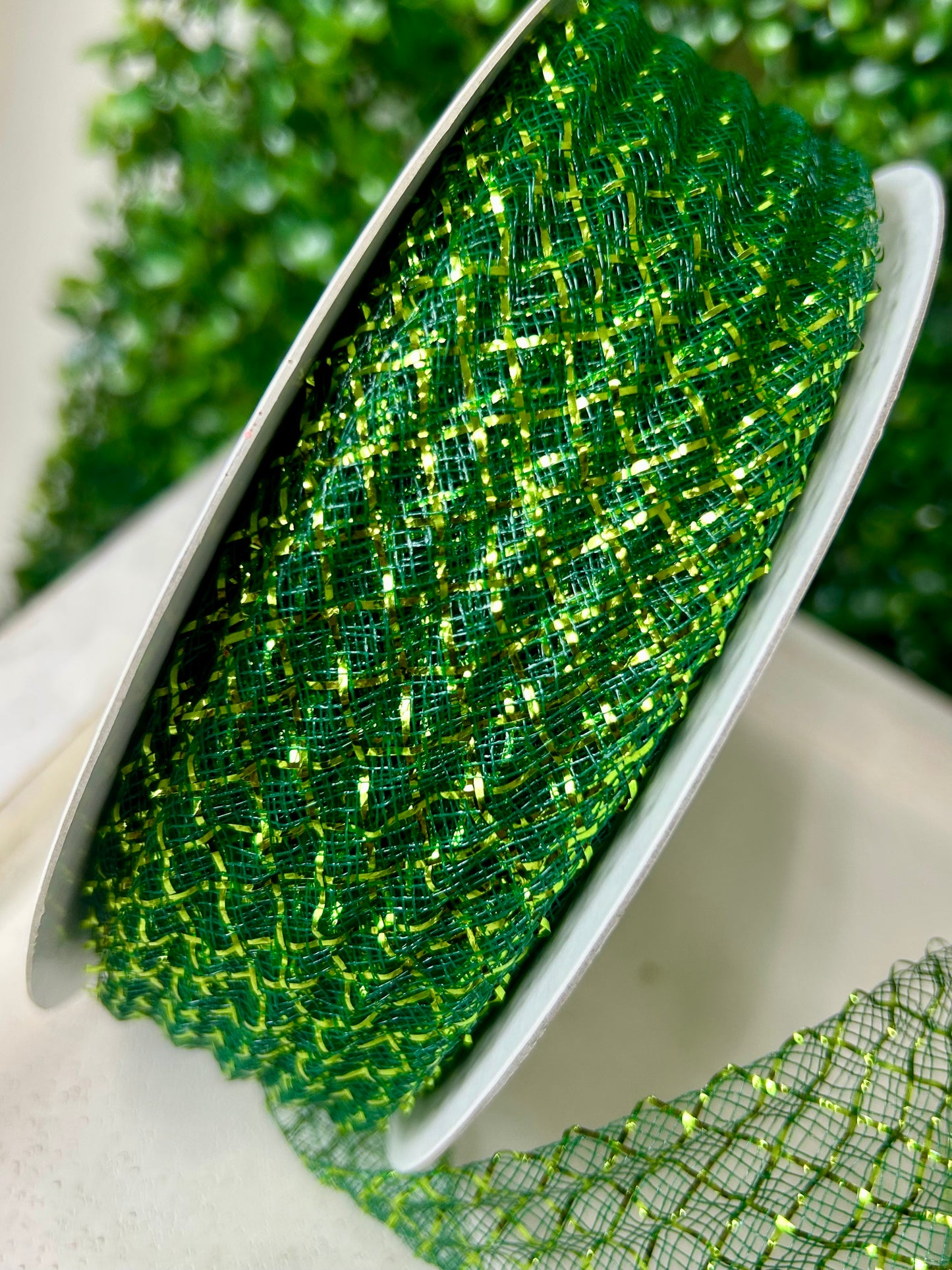 1.5 Inch By 30 Yard Dark Green With Lime Green Foil Deco Flex Ribbon