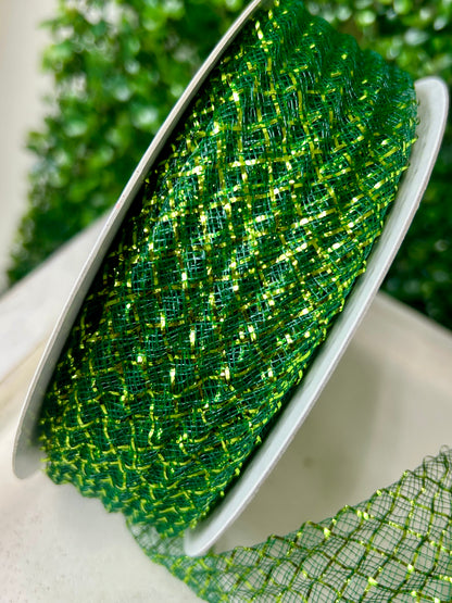 1.5 Inch By 30 Yard Dark Green With Lime Green Foil Deco Flex Ribbon