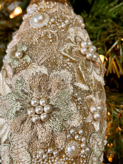 10 Inch Champagne Pearl Embossed Glitter Finial Ornament