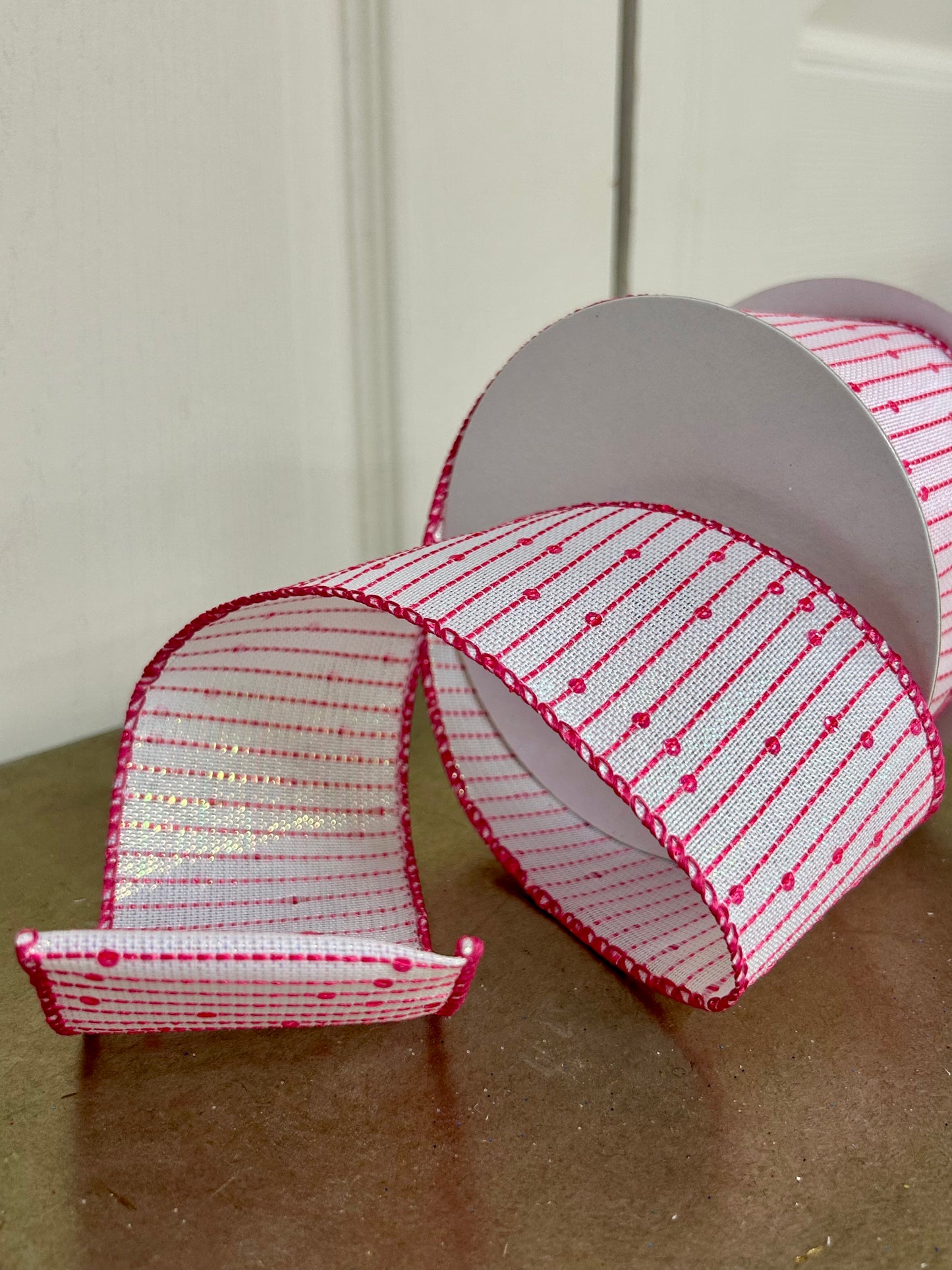 2.5 Inch By 10 Yard White Iridescent Fuchsia Woven Sequin Stripe Ribbon