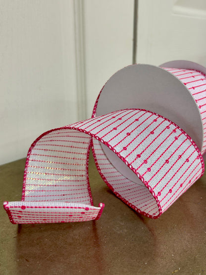 2.5 Inch By 10 Yard White Iridescent Fuchsia Woven Sequin Stripe Ribbon