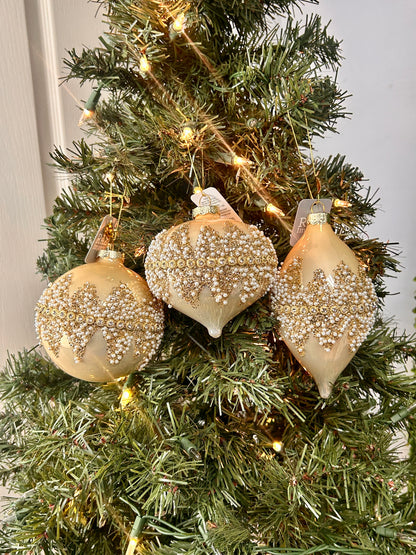 4 Inch Champagne And Cream Beaded Glass Ornament Three Assorted