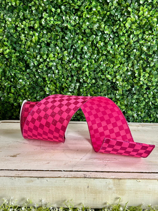 4 Inch By 10 Yard Hot Pink Glitter Check Ribbon